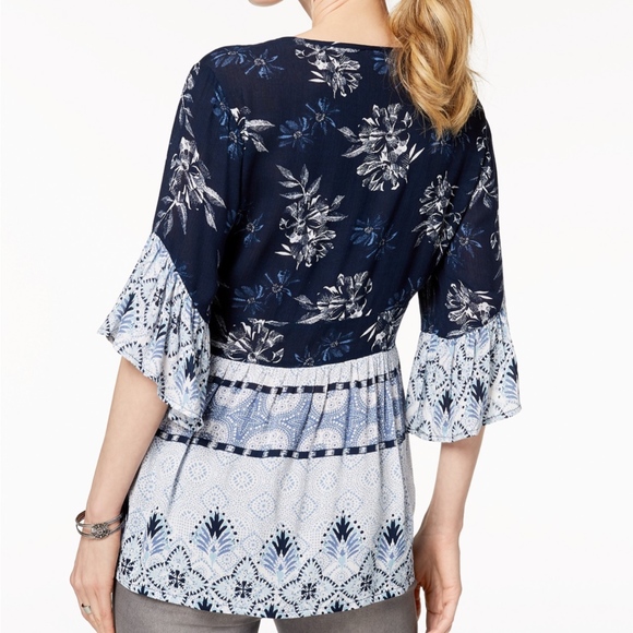 STYLE & CO Top Peasant Floral Crochet Bohemian V-Neck Blue Medium - Picture 2 of 4